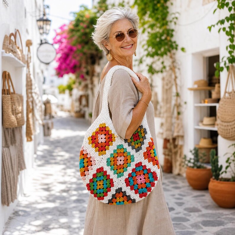 White crochet tote bag with colorful granny squares in red, orange, yellow, green and blue