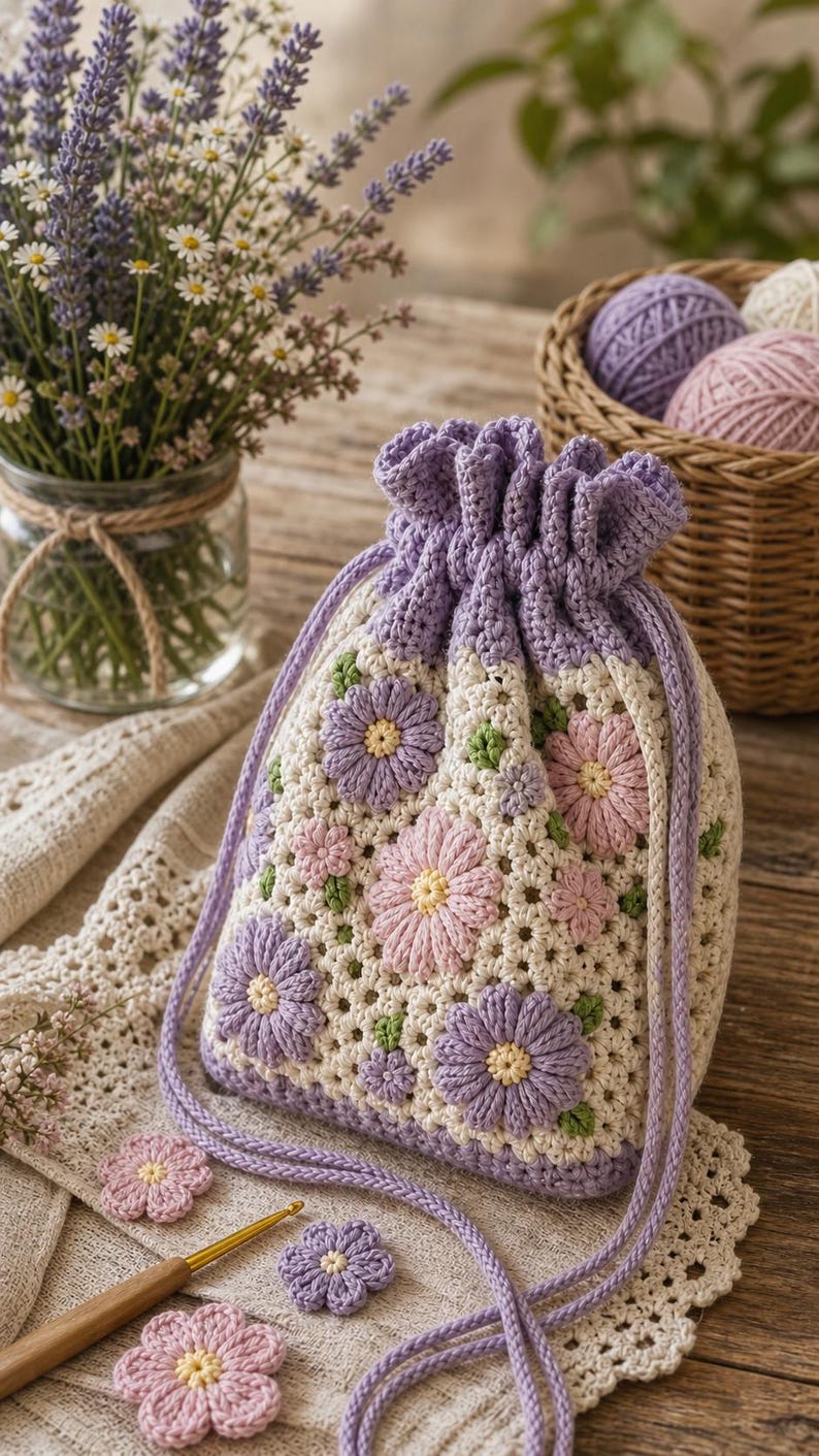 Cream crochet drawstring bag with lavender and pink granny square flowers and a lavender drawstring