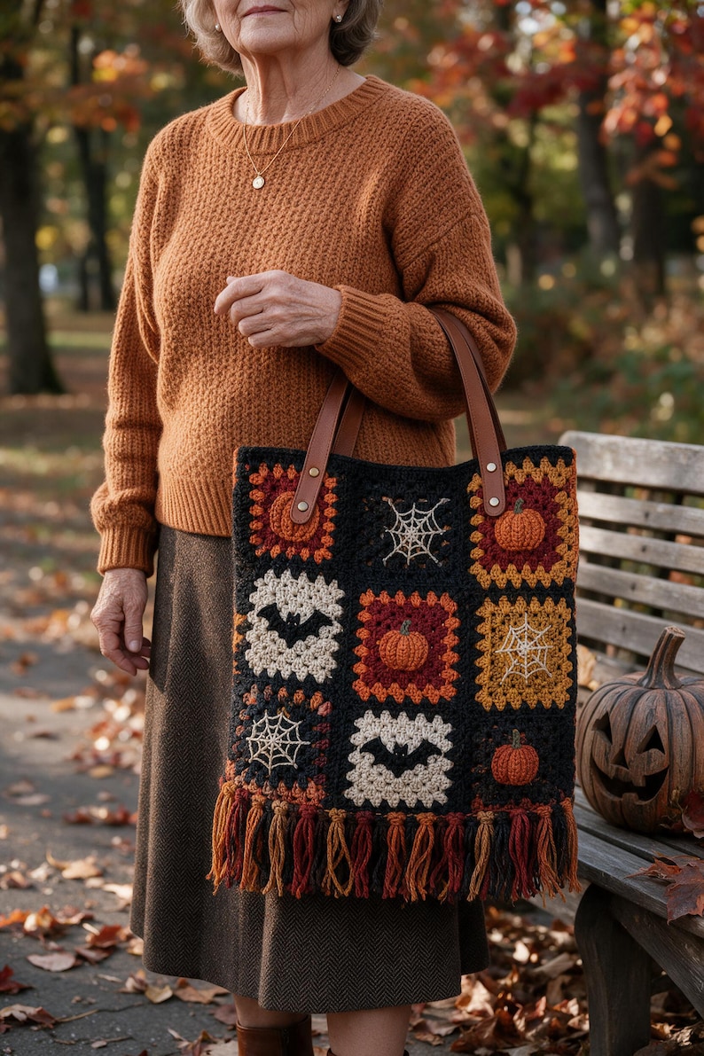 Crochet tote bag with black, orange and cream granny squares with pumpkin, spiderweb and bat motifs and fringe