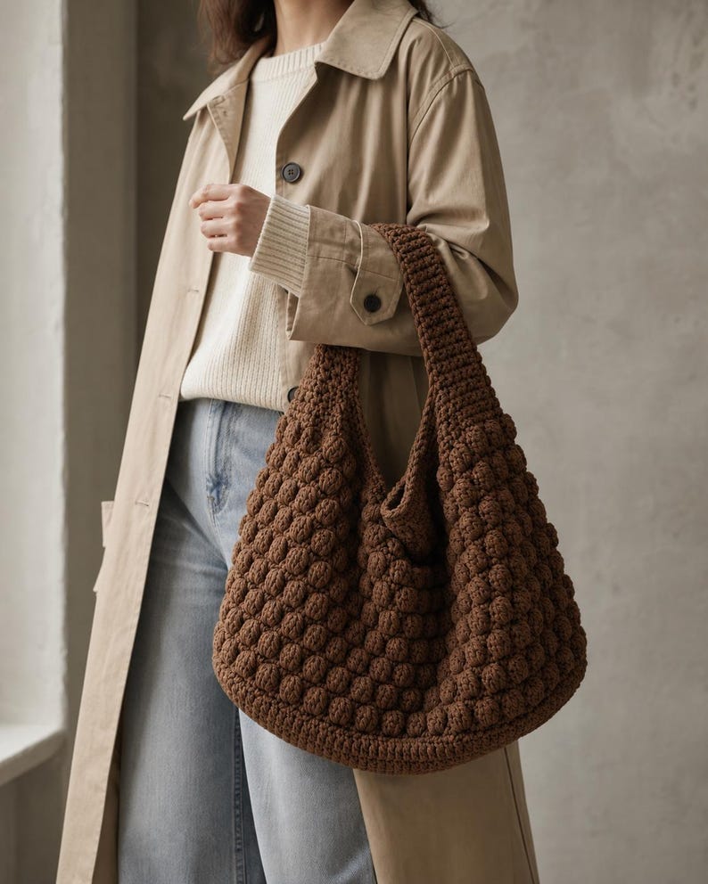 Dark brown crochet hobo shoulder bag with a textured bobble stitch pattern and a wide strap