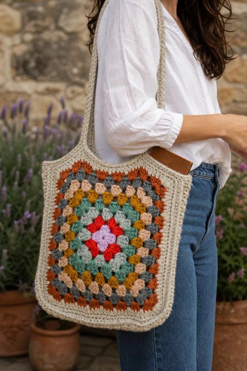 Beige crochet tote bag with multicolor granny squares in red, purple, sage green and mustard yellow