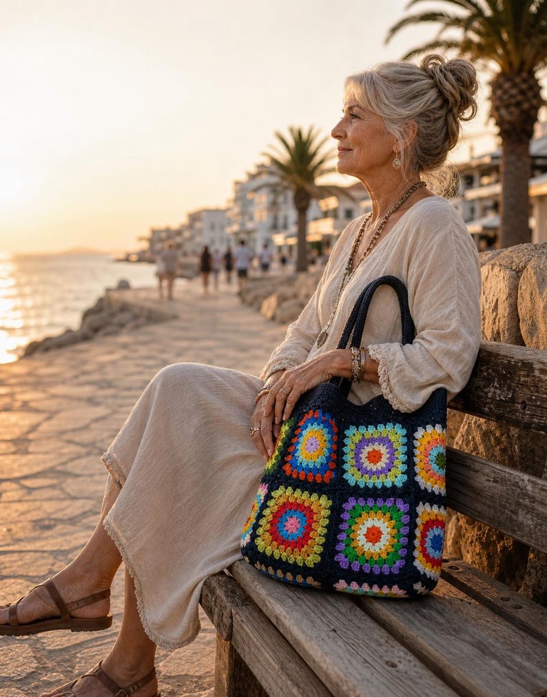 Woman sitting on a bench by the sea holding a crochet granny square patchwork tote bag in navy with colorful squares